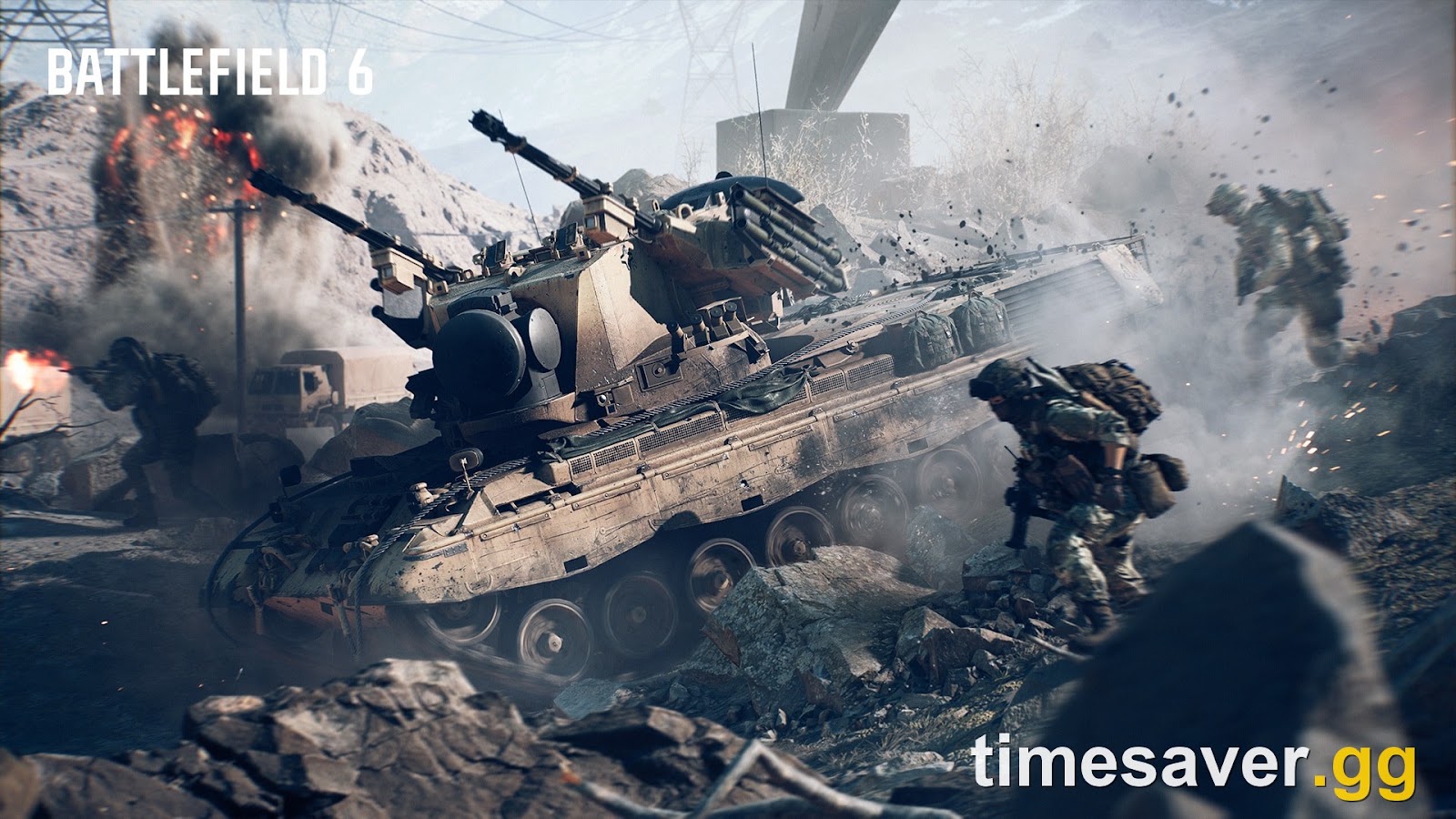 Battlefield 6 screenshot of an armoured vehicle and infantry advancing through smoke and explosions on an open battlefield
