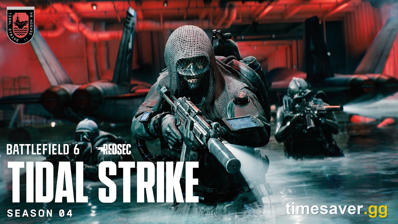 Battlefield 6 Season 4 Tidal Strike key art with REDSEC operators wading through a flooded hangar