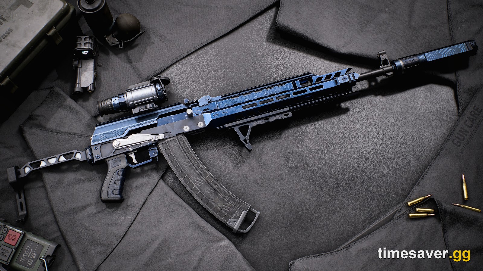 Battlefield 6 Bluecrest LMG Weapon Package, a blue-finished light machine gun with suppressor, optic and folding bipod laid on a gun mat