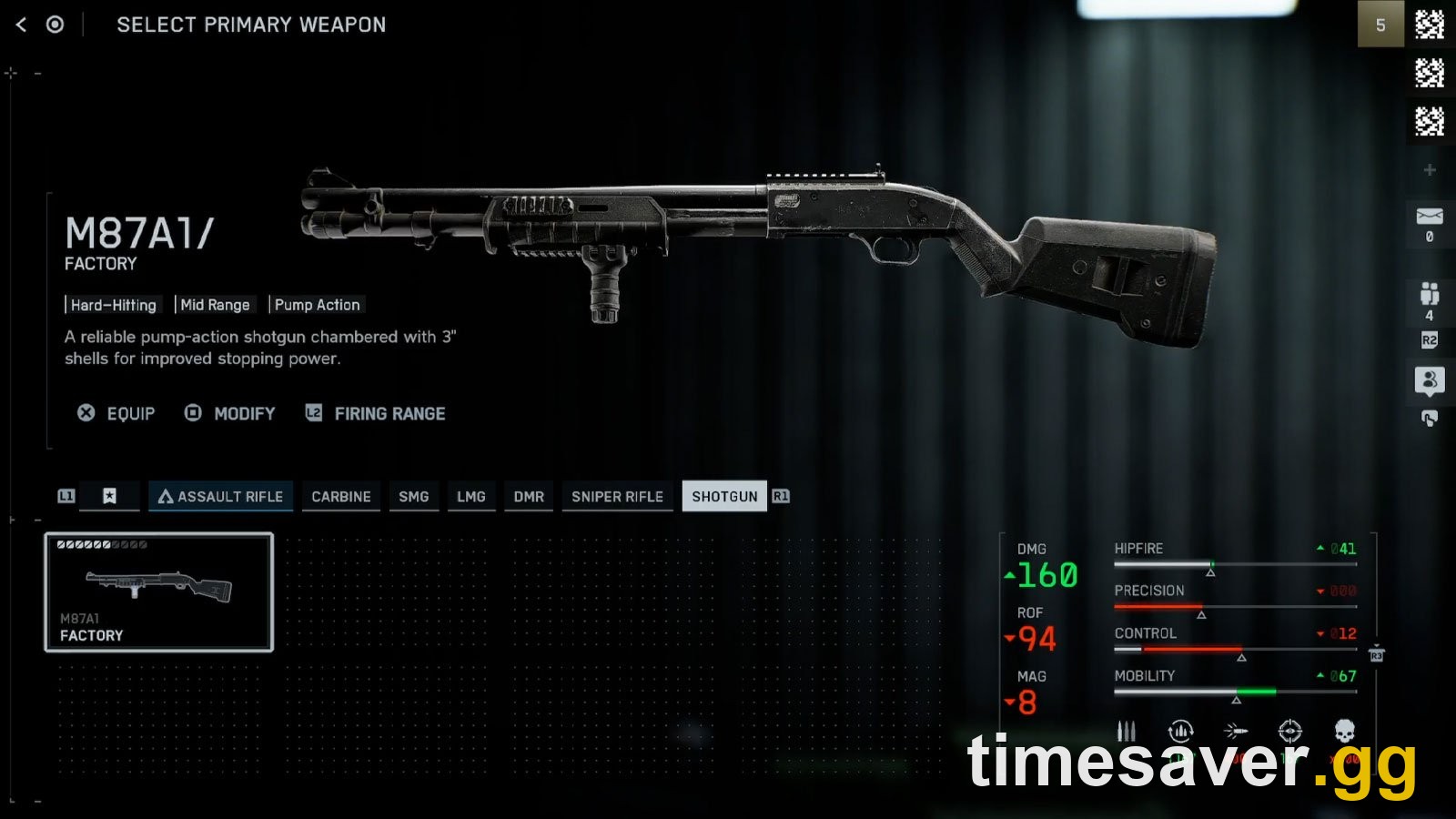Battlefield 6 SELECT PRIMARY WEAPON screen with the SHOTGUN tab open and the M87A1 highlighted