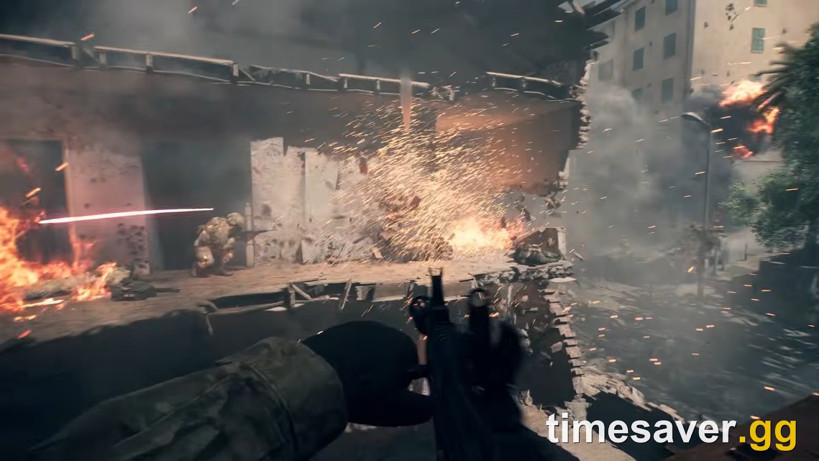 Battlefield 6 first person firefight inside a heavily damaged urban building with fire, sparks and collapsing masonry