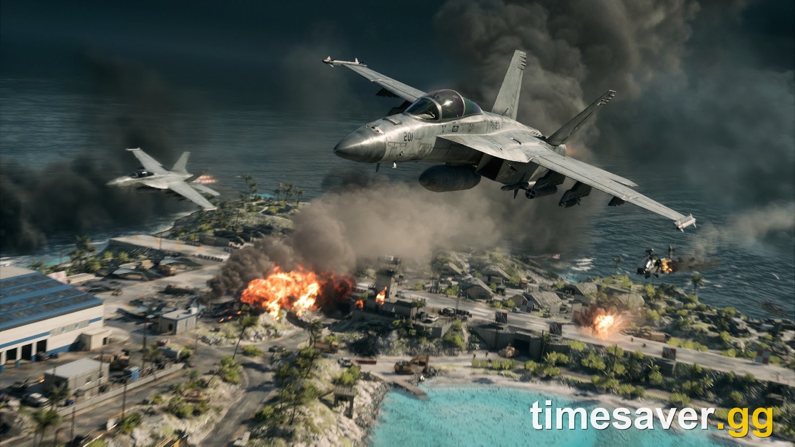 Battlefield 6 wide coastal battle with fighter jets over a shoreline military area and long open sightlines