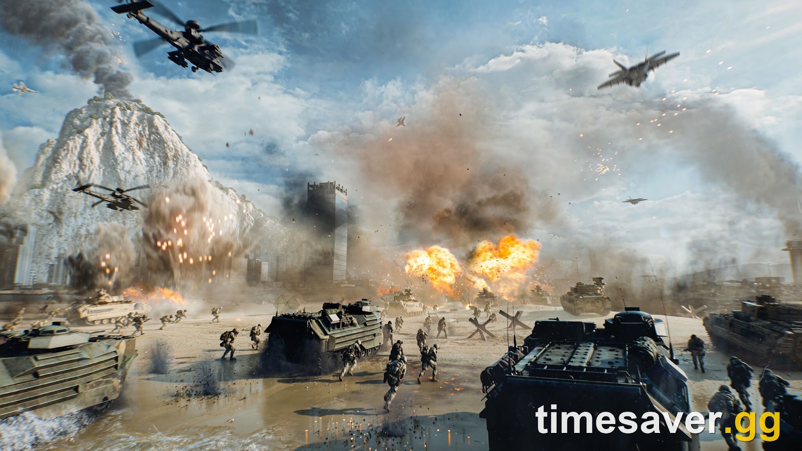 Battlefield 6 campaign screenshot of a combined arms assault on a coastal city, with infantry, armour, helicopters and jets under fire