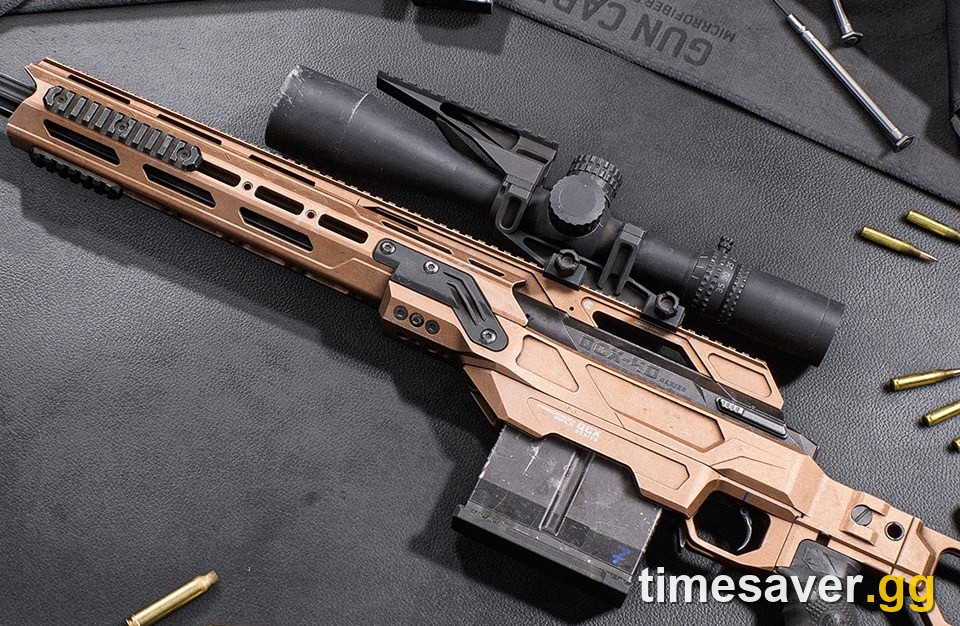 Close crop of the Battlefield 6 ELR-40 bolt-action sniper rifle, bronze chassis and long scope on a workbench beside loose rifle cartridges