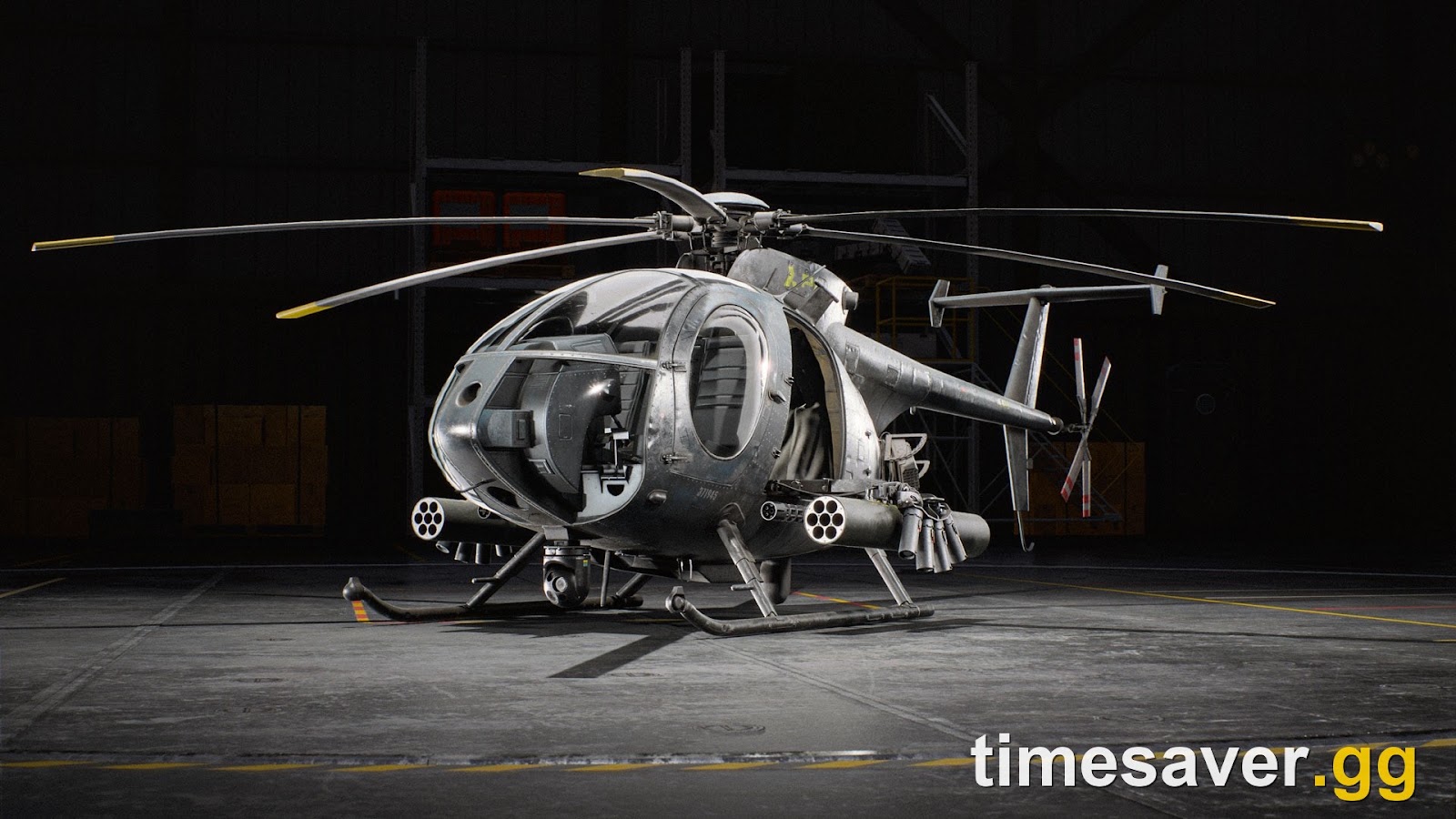 Battlefield 6 AH-6 Little Bird scout helicopter parked in a hangar