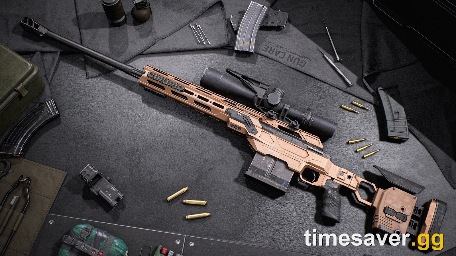 Battlefield 6 render of the ELR-40 bolt-action sniper rifle with a bronze chassis and long scope laid out on a workbench with magazines and cleaning tools