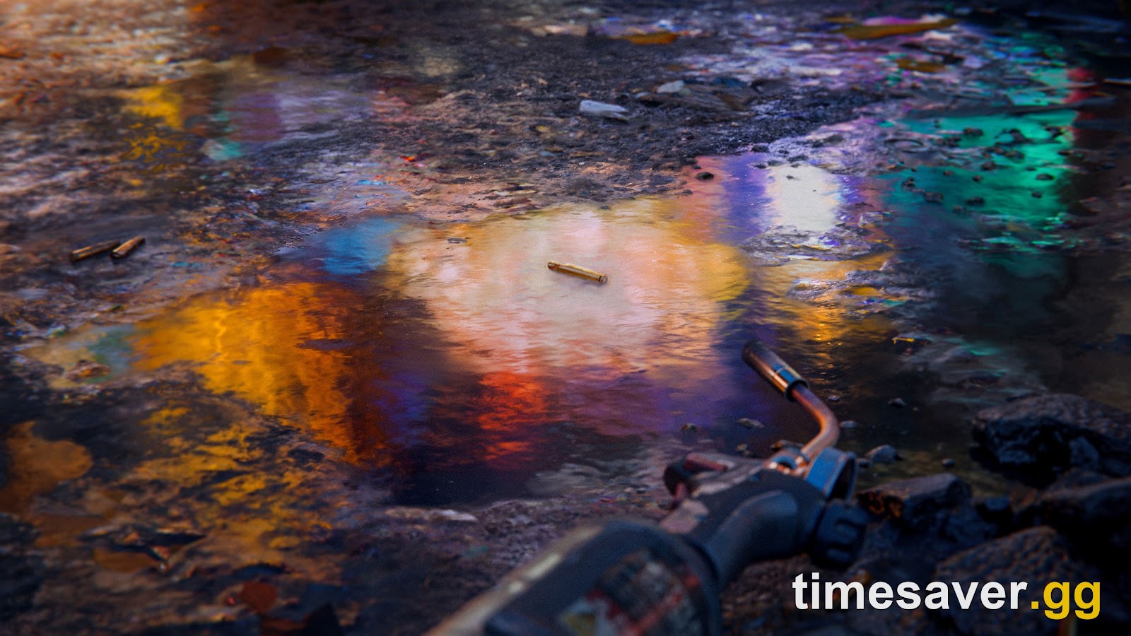 Battlefield 6 Season 5 teaser art showing a rain-soaked broken asphalt street reflecting orange, purple and green neon light, with a fallen motorcycle in the foreground