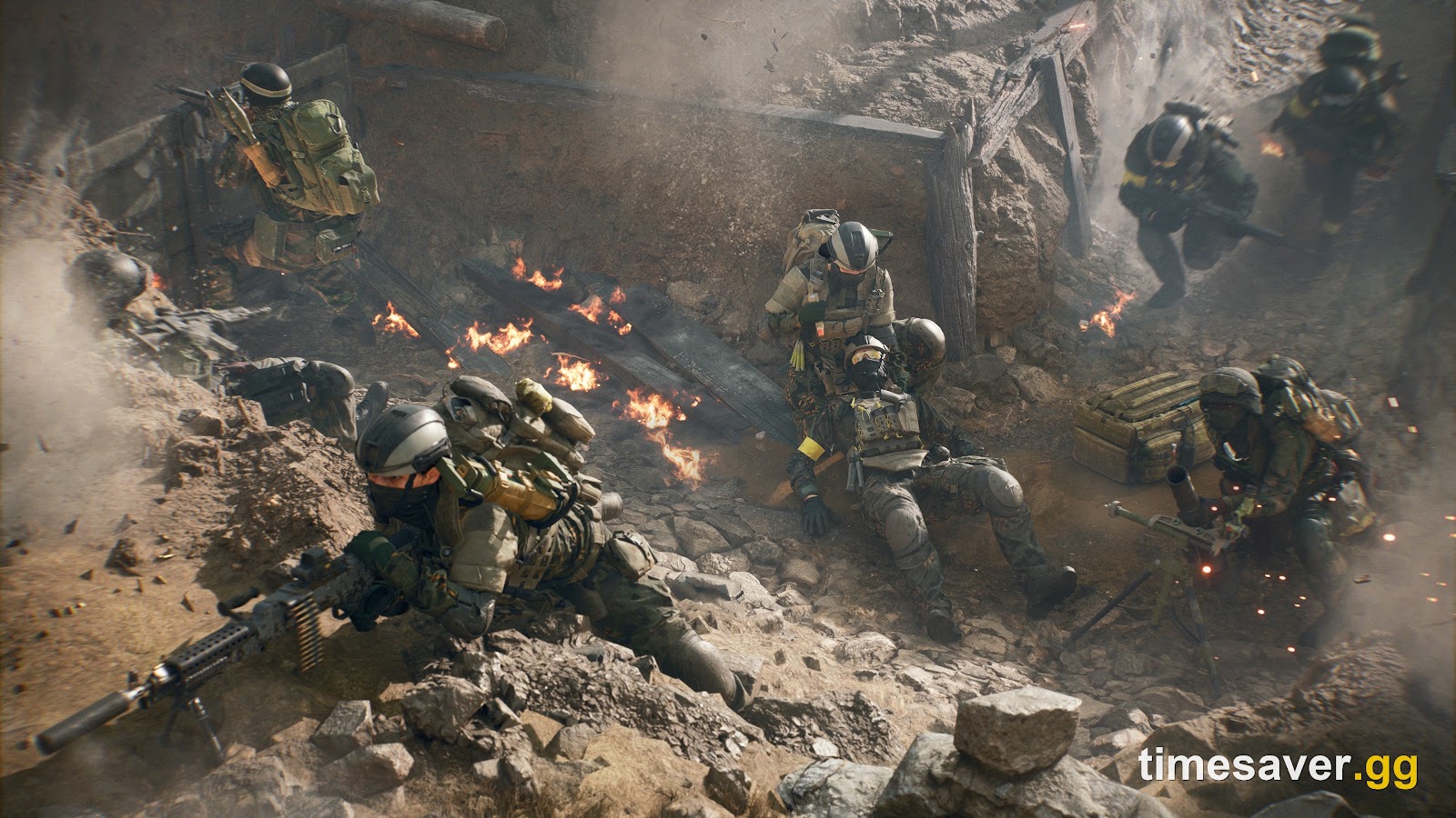 Battlefield 6 screenshot of nine soldiers holding a burning ruined urban trench, several carrying optic-equipped rifles and one a belt-fed machine gun