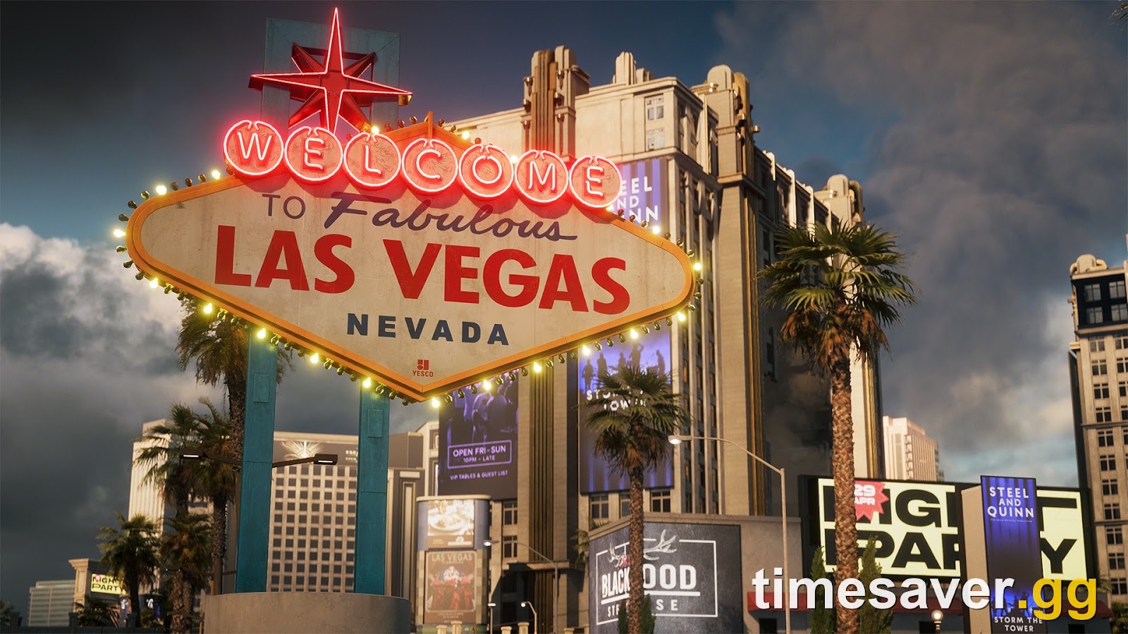 Battlefield 6 wide screenshot of the Las Vegas Strip at dusk with smoke columns rising between the casino towers