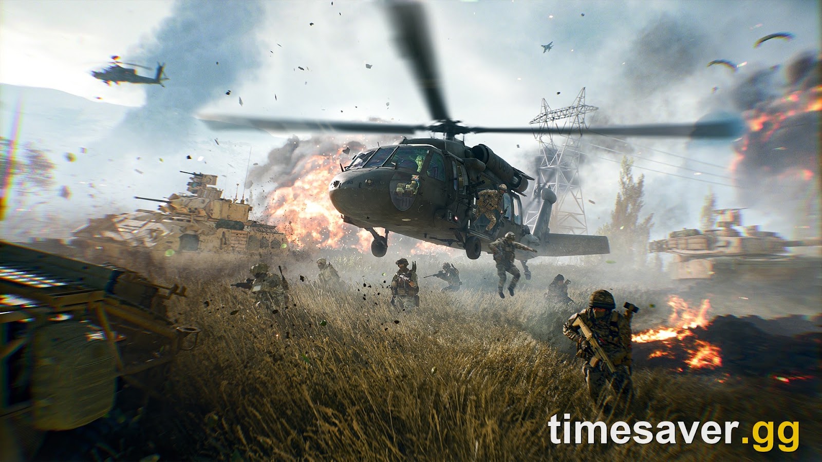 Battlefield 6 all-out warfare combat with a transport helicopter, tanks and infantry advancing through burning grassland