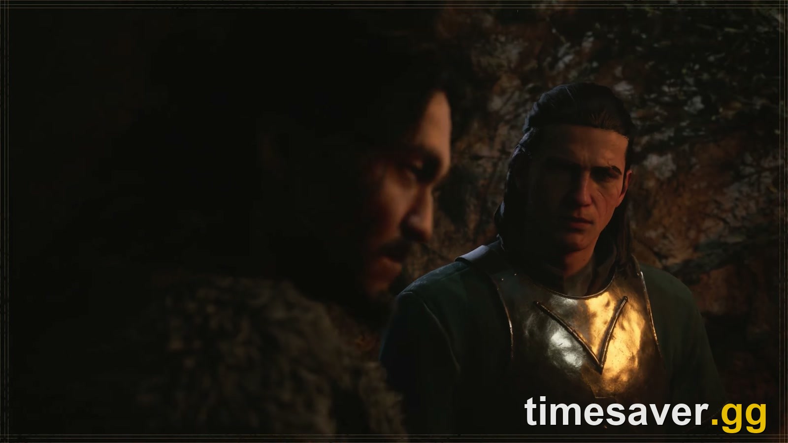 Coen wearing a polished steel-and-gold breastplate standing in a misty forest clearing