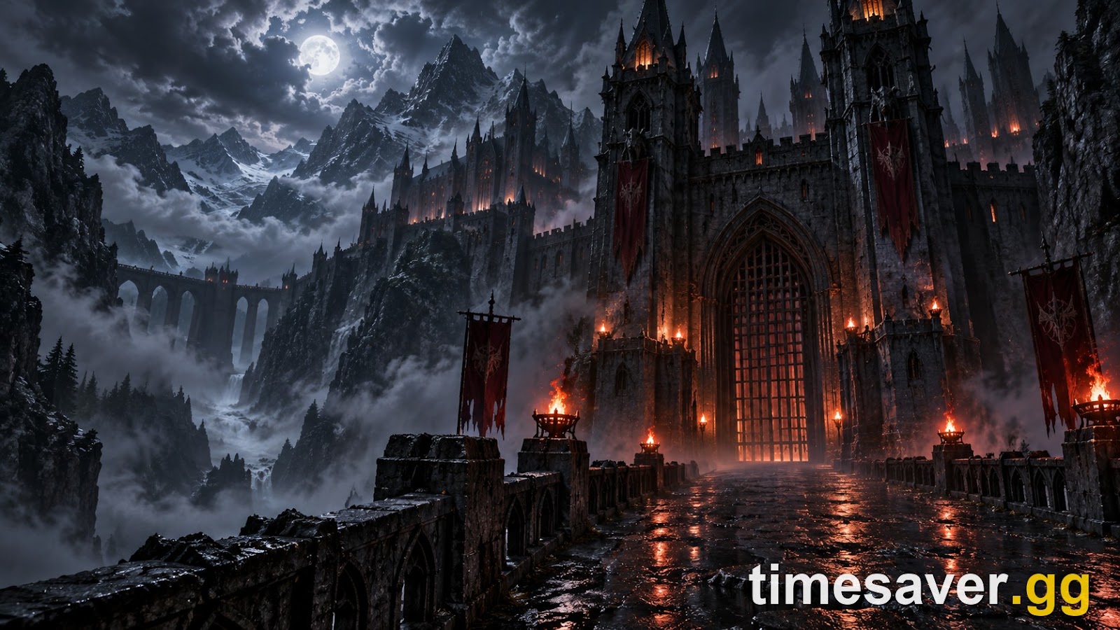 Torch-lit gothic castle gatehouse looming over a fog-filled mountain pass at night in a dark fantasy world