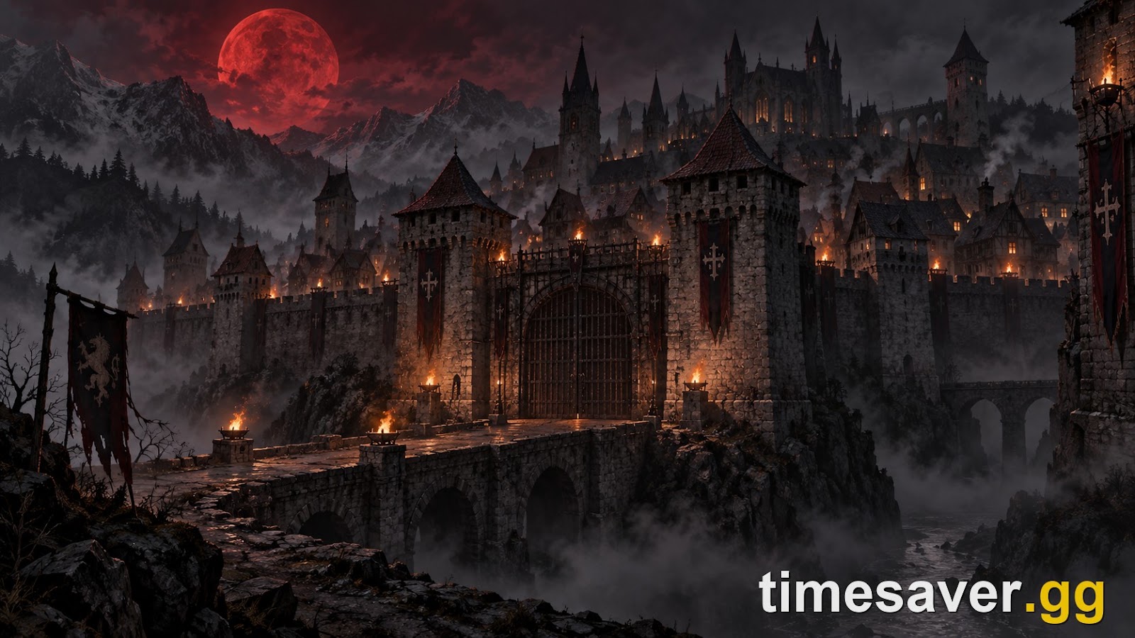 A barred medieval walled city at night under a blood-red moon, atmospheric art for The Blood of Dawnwalker infamy guide