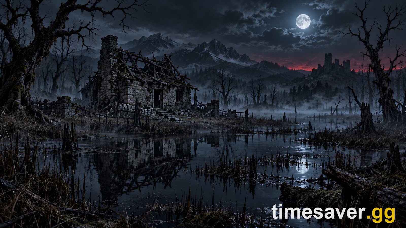 Moonlit swamp with a ruined stone hut among dead trees in a dark fantasy world