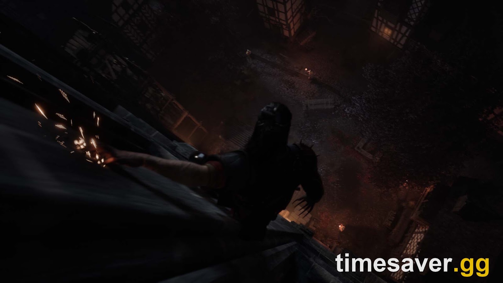 Coen scales down the side of a building at night above a medieval village using a vampire wall-crawl ability in The Blood of Dawnwalker — official Rebel Wolves / Bandai Namco screenshot