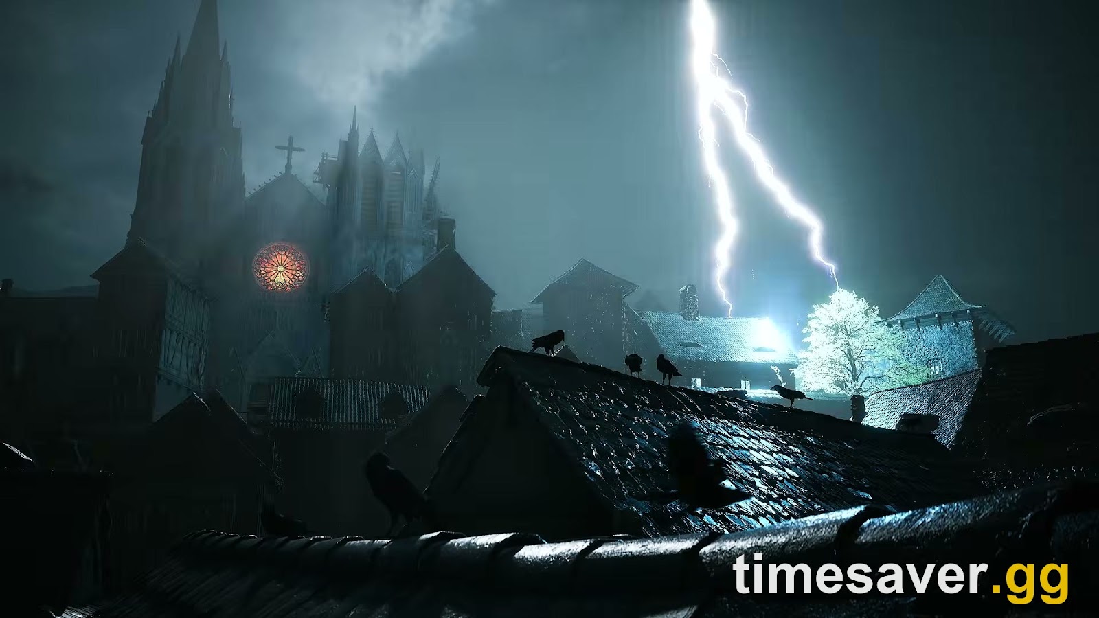 The Blood of Dawnwalker — a gothic cathedral looms over storm-lit medieval rooftops with ravens perched in the rain and lightning splitting the sky in Vale Sangora, the dark-fantasy atmosphere critics praised on August 31, 2026