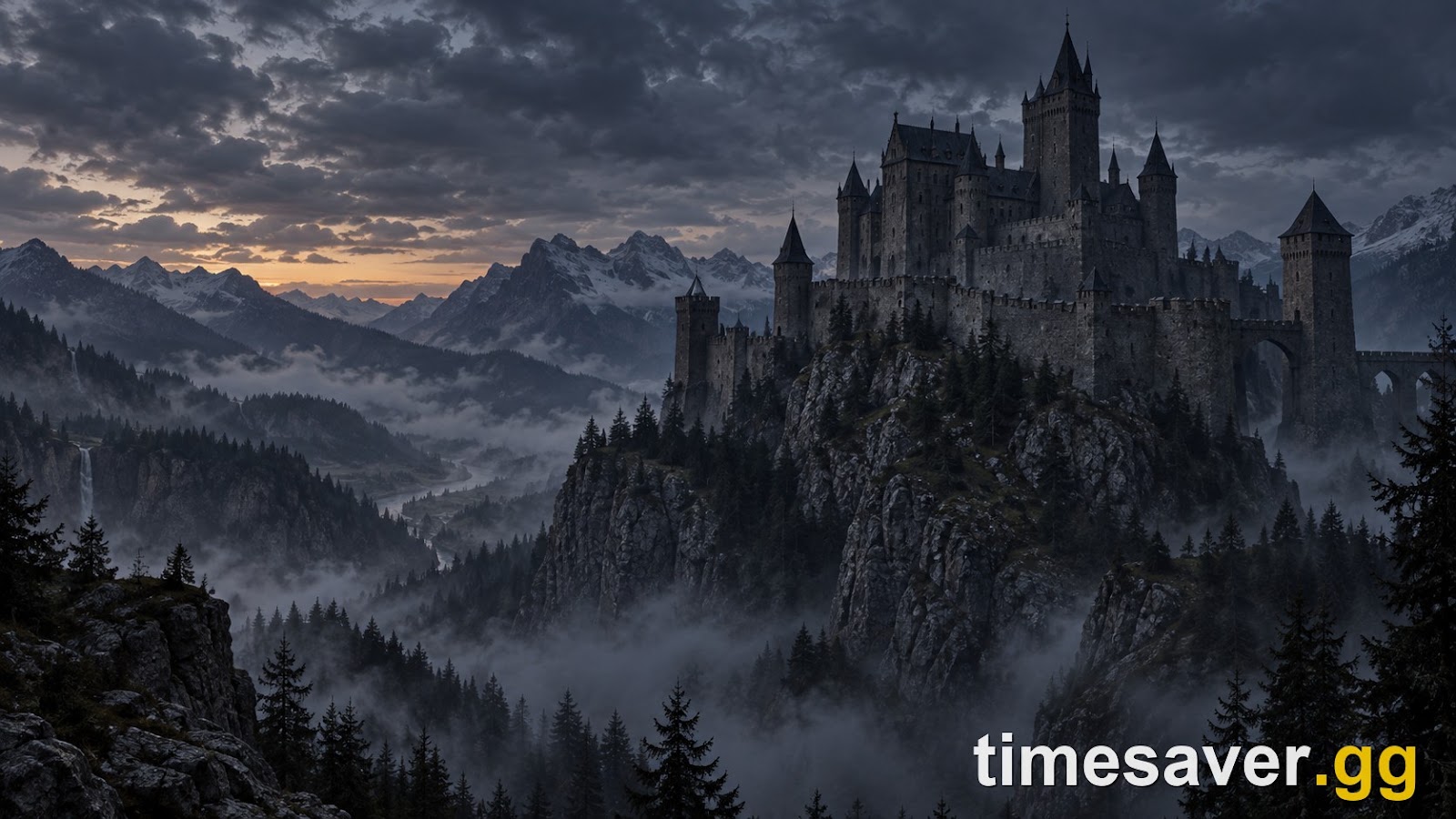 Dark-fantasy Carpathian castle on a mountain ridge at dusk, atmospheric art for The Blood of Dawnwalker trophy guide