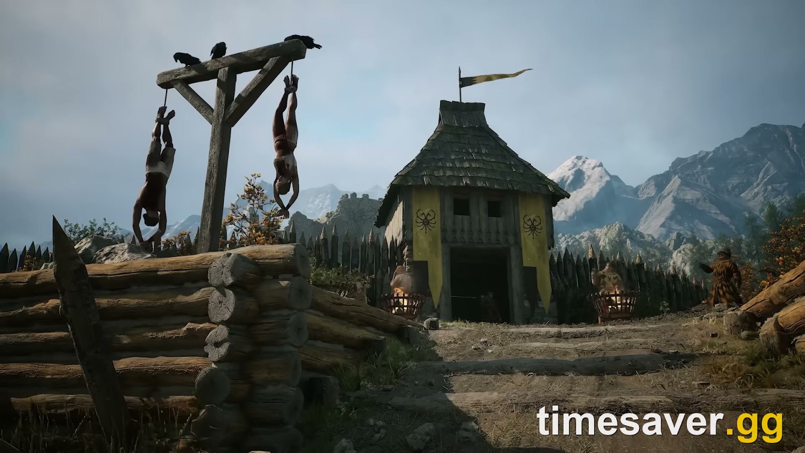 A fortified mountain outpost with gallows overlooking a wide sky in The Blood of Dawnwalker