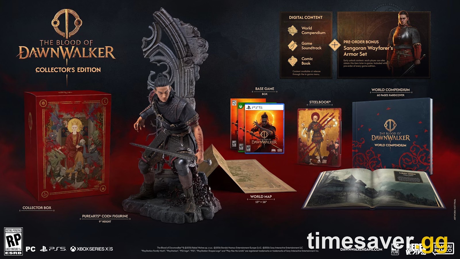 The Blood of Dawnwalker Collector's Edition contents laid out — the 9-inch PureArts Coen figurine, Collector Box, Steelbook, World Map, 60-page World Compendium and digital extras, ahead of the September 3, 2026 launch