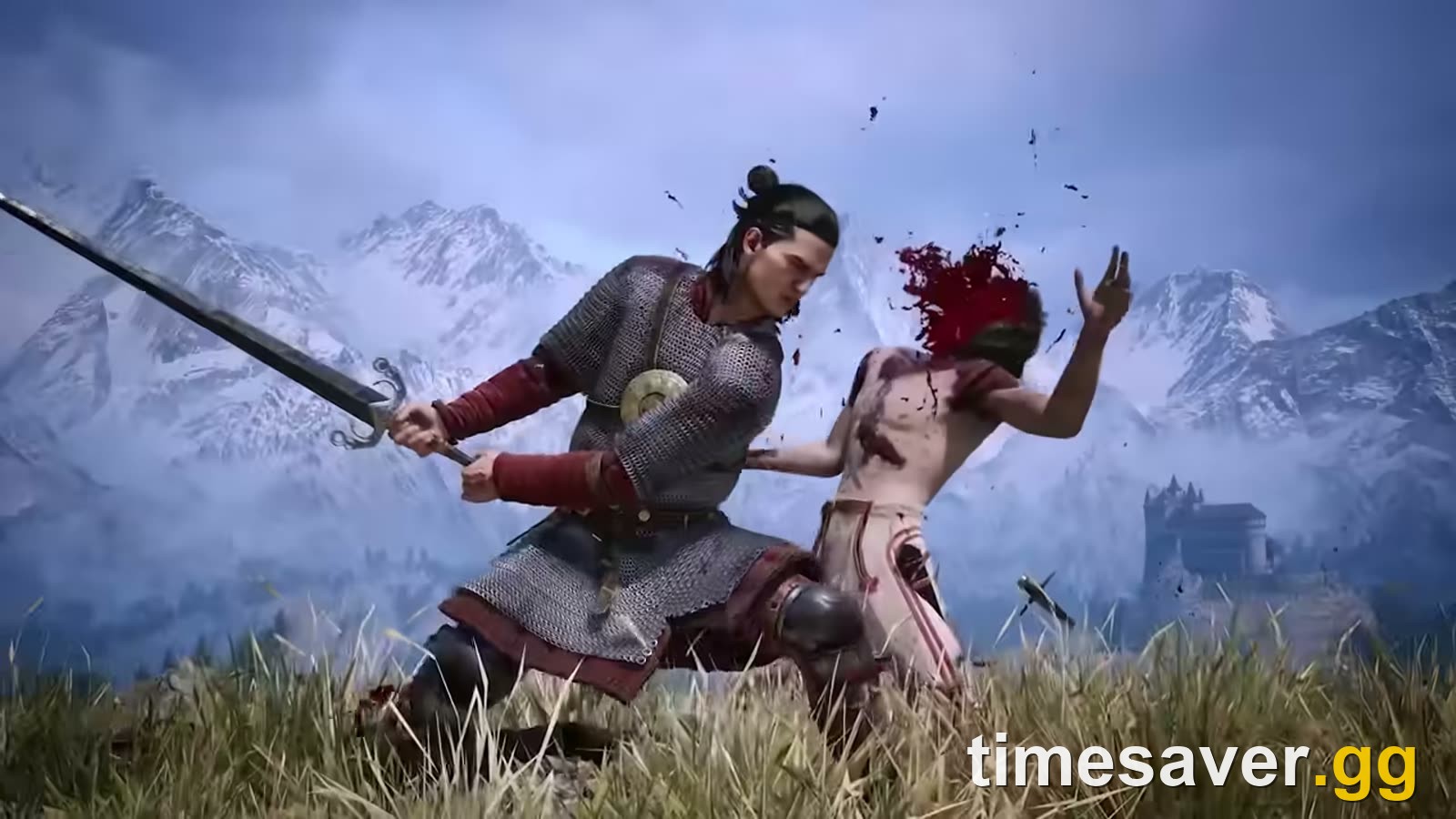 The Blood of Dawnwalker combat — protagonist Coen in chainmail swings a greatsword at an enemy amid snow-capped Carpathian peaks with a distant castle, the kind of third-person action combat that draws comparisons to The Witcher 3