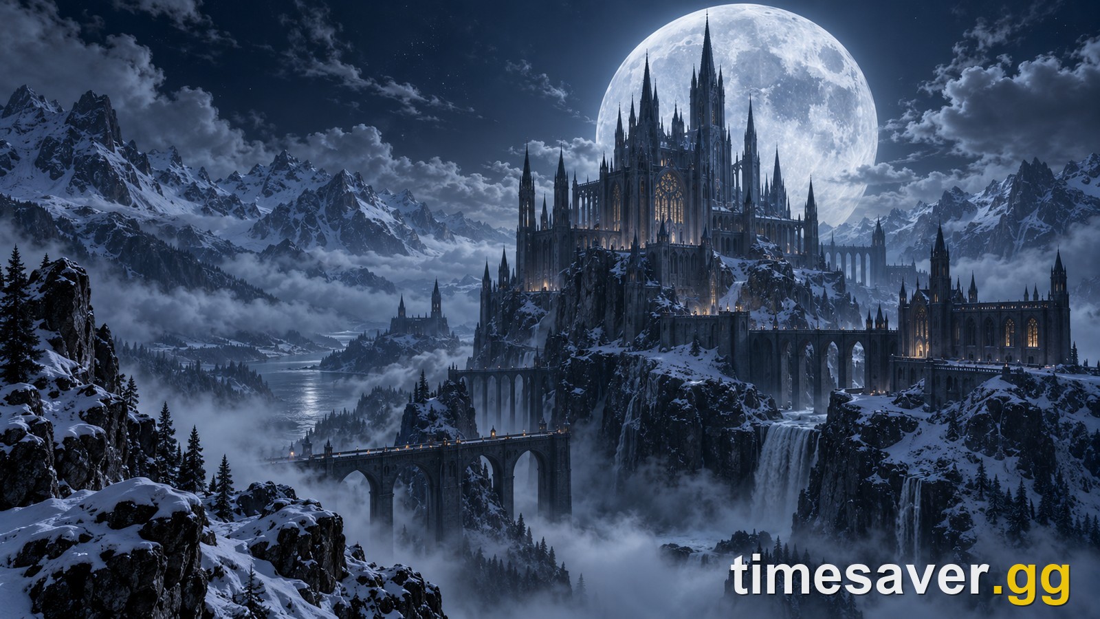 Moonlit gothic cathedral spires above a fog-filled valley in a dark fantasy world