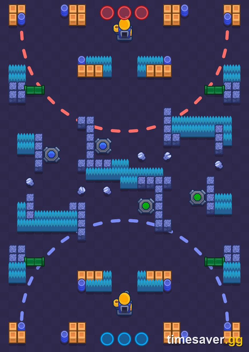Brawl Stars Bounty map showing the blue and red team spawns, dashed lane paths and the two green Bounty star pickup nodes near mid-map