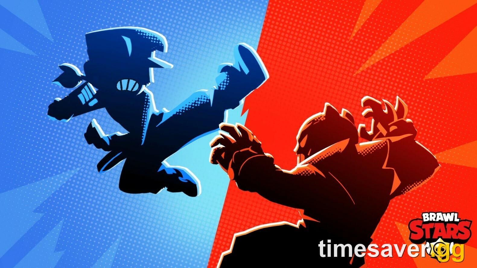 Brawl Stars 1v1 versus art showing two brawlers facing off on a split red-and-blue background, representing the Duels mode in September 2026