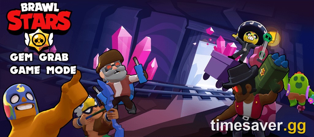 Brawl Stars Gem Grab game mode banner with Brawlers gathered around the central gem mine