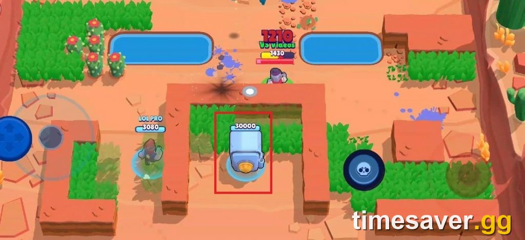 Brawl Stars Heist mode showing a team pushing the enemy safe with damage numbers popping off in August 2026