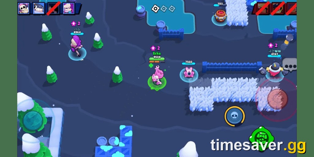 Brawl Stars Knockout 3v3 match top-down with three enemy brawler icons crossed out showing a team eliminated