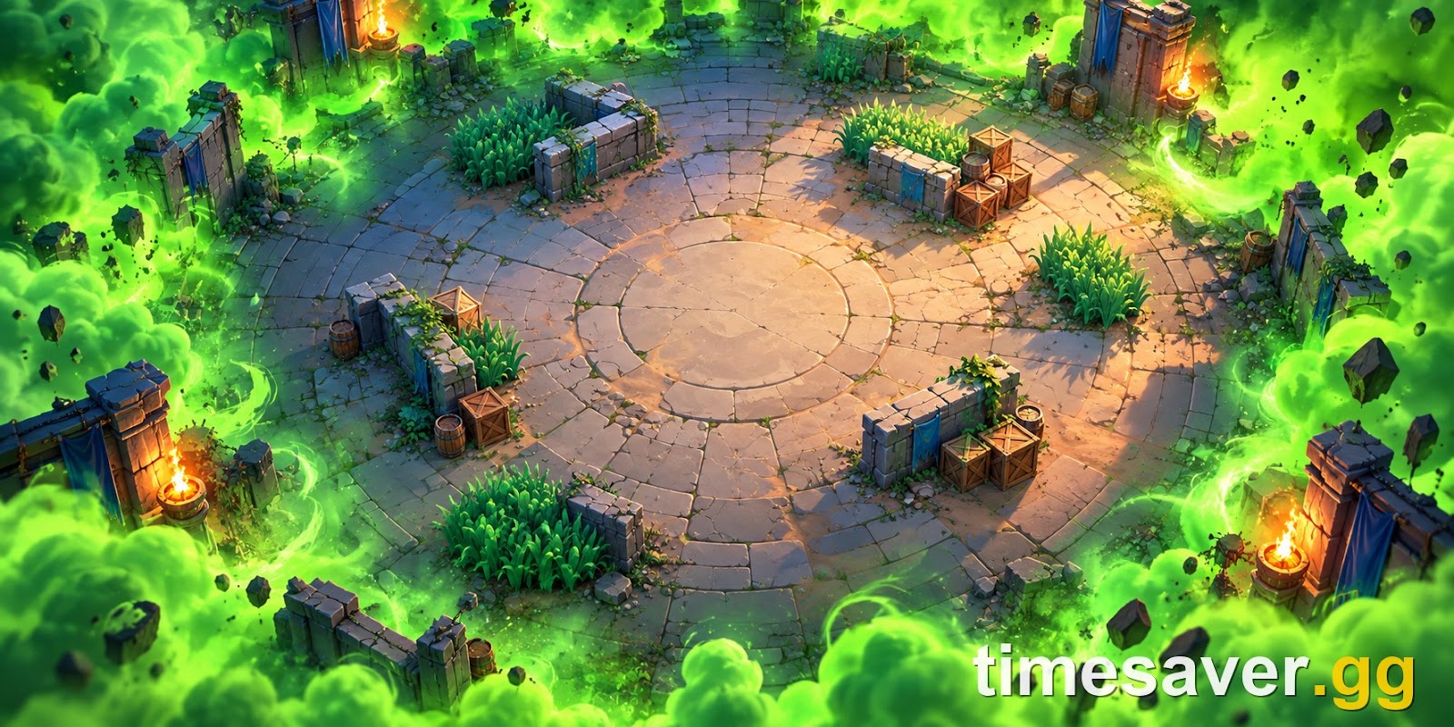 Illustration of a Brawl Stars Knockout arena with green poison gas closing in on the shrinking central safe zone
