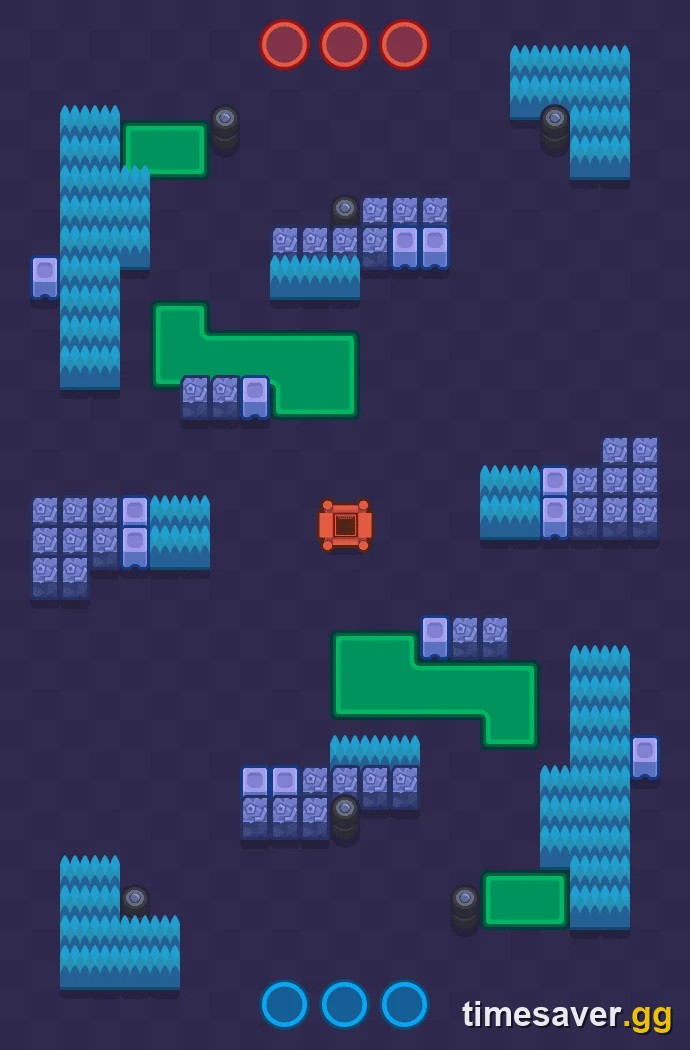 Brawl Stars Gem Grab map layout with a central gem mine, power-cube zones and symmetric bush lanes, a top competitive map in the October 2026 Season 55 Brawl-O-Ween rotation