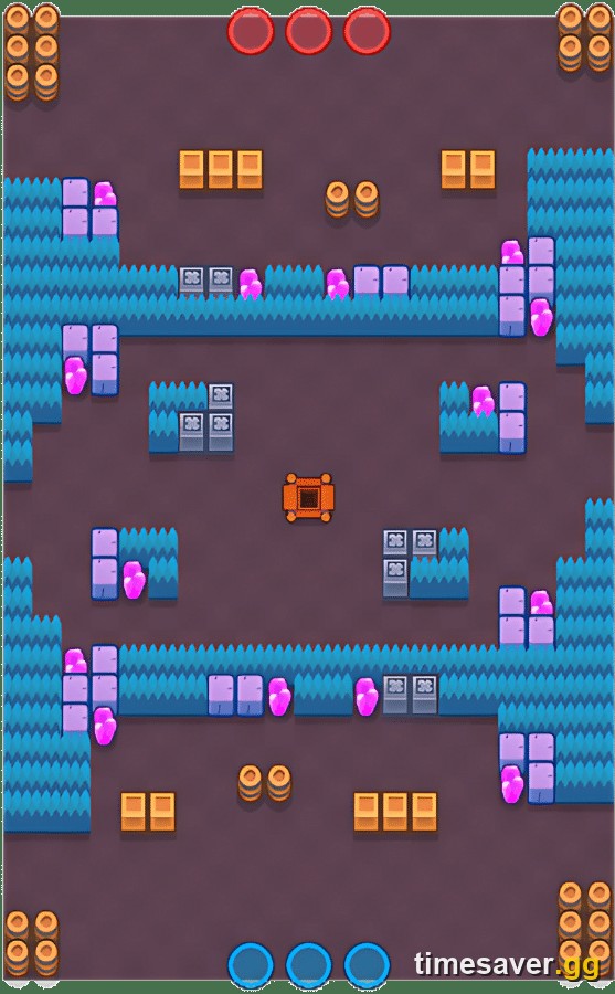 Brawl Stars Gem Grab map Hard Rock Mine top-down layout showing walls, bushes and the central gem mine, September 2026