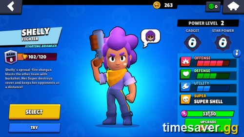 Brawl Stars Shelly Brawler info screen showing the Star Power slot next to the Gadget slot on the loadout screen, hero image for the September 2026 best Star Powers guide