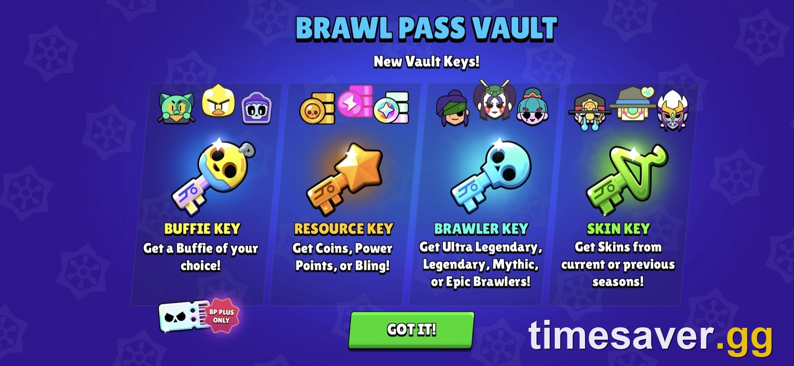 Brawl Pass Vault screen in Brawl Stars explaining the four Vault Keys: Buffie Key, Resource Key, Brawler Key and Skin Key