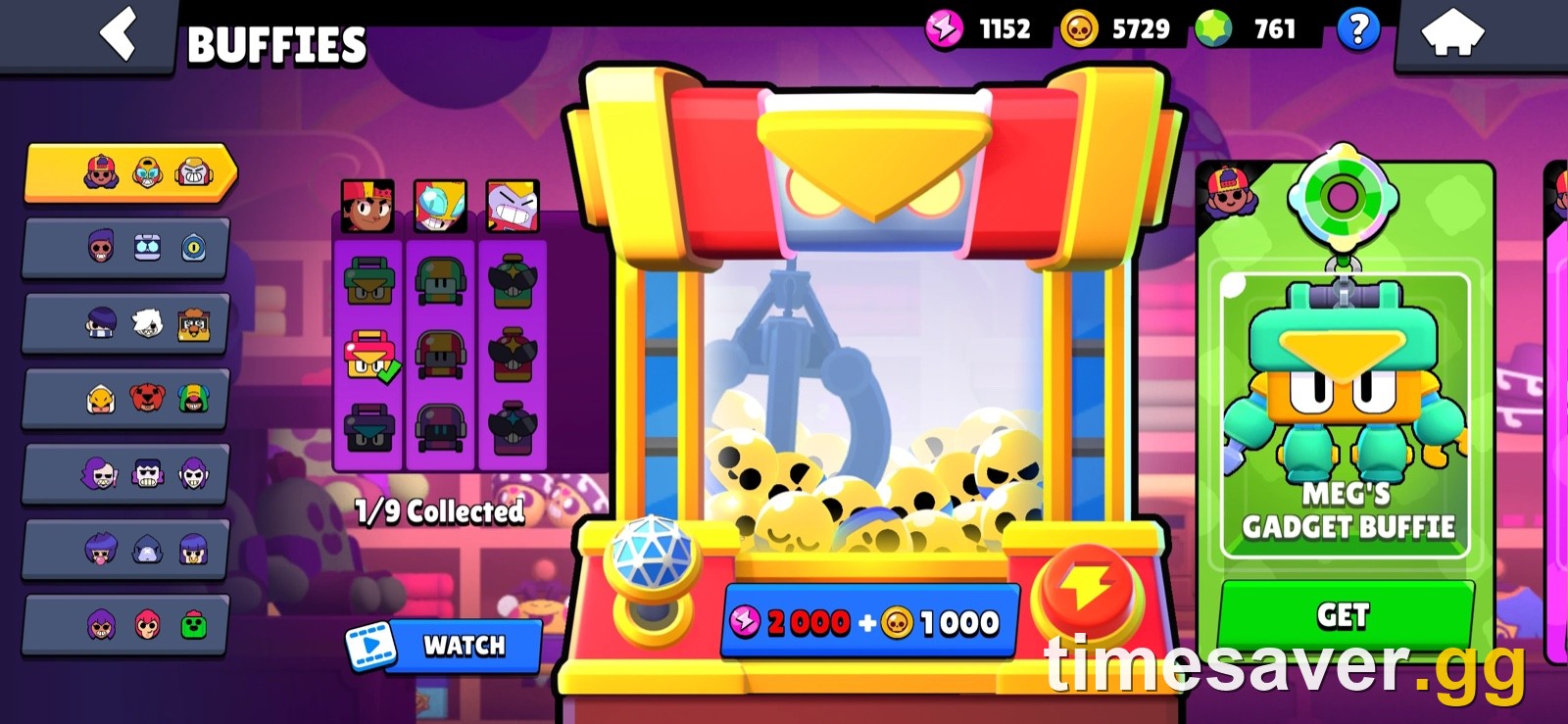 Brawl Stars Buffies Claw Machine screen showing a trio tab, 1/9 collected and the 2,000 Power Points + 1,000 Coins pull price