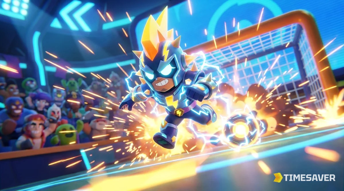 Brawl Stars Season 51 Brawl Strikers artwork showing the new Brawler Bolt striking a charged ball in a football arena