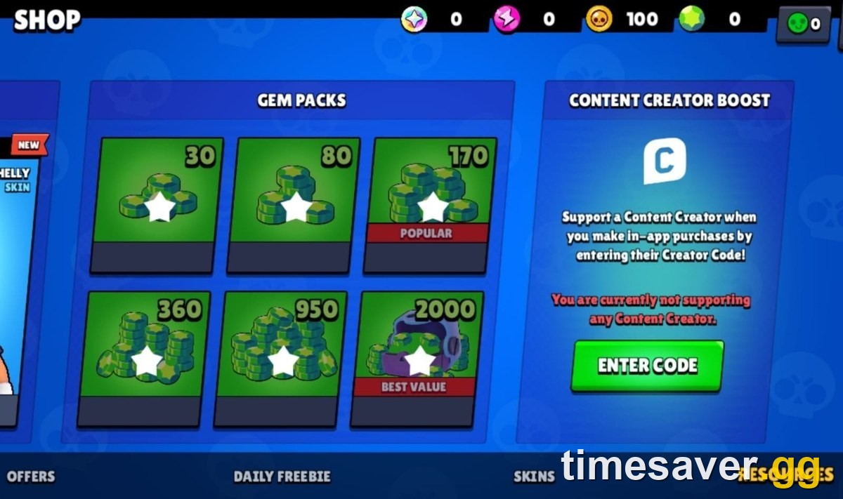 Brawl Stars Shop Resources tab showing the Content Creator Boost panel with the Enter Code button