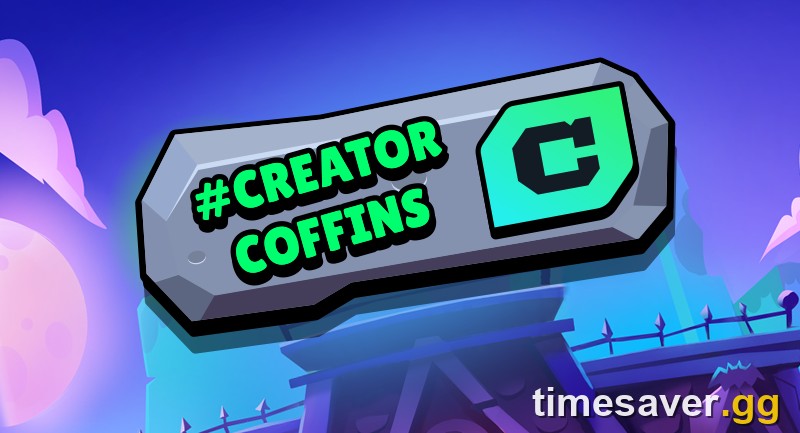 Official #CreatorCoffins event logo on a stone gravestone sign in a Brawl-O-Ween graveyard