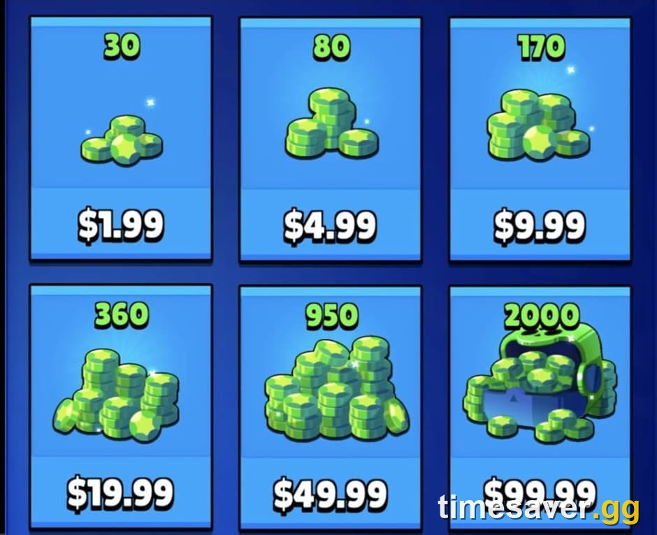 Brawl Stars in-game Gem shop showing the green premium-currency packs (30, 80, 170, 360, 950 and 2000 Gems) with their real-money prices, the paid alternative to the free-gem methods in this guide