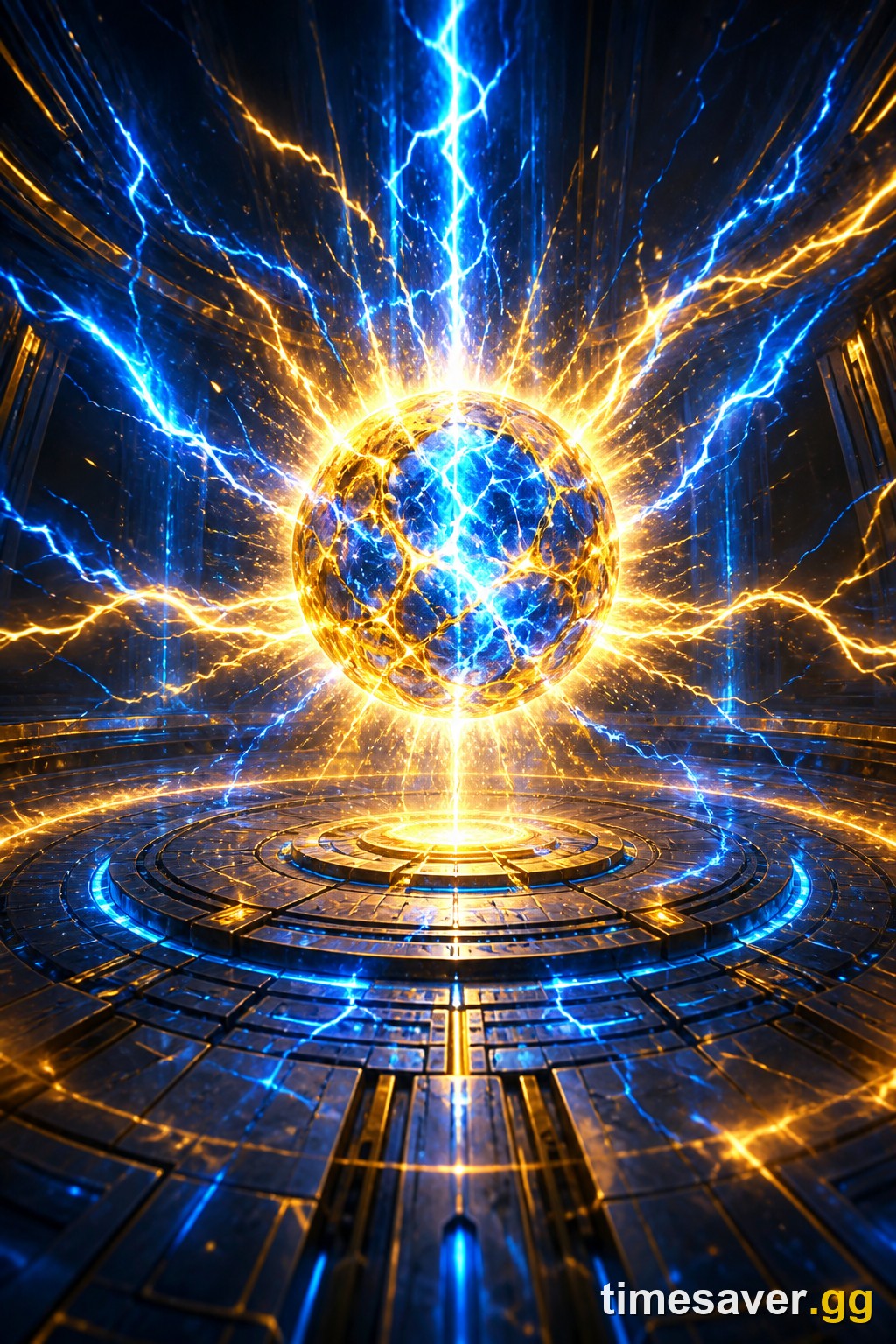 Crackling blue-and-gold Brawl Stars Hypercharge energy aura surging across a dark arena floor