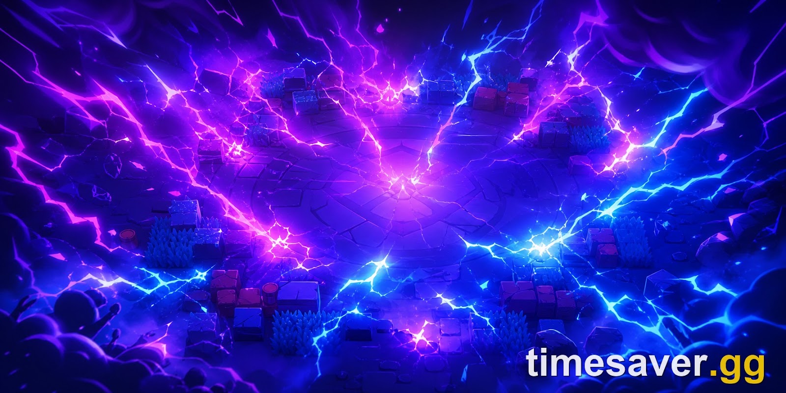 Glowing blue-and-purple Brawl Stars Hypercharge energy aura crackling with lightning across a dark arena