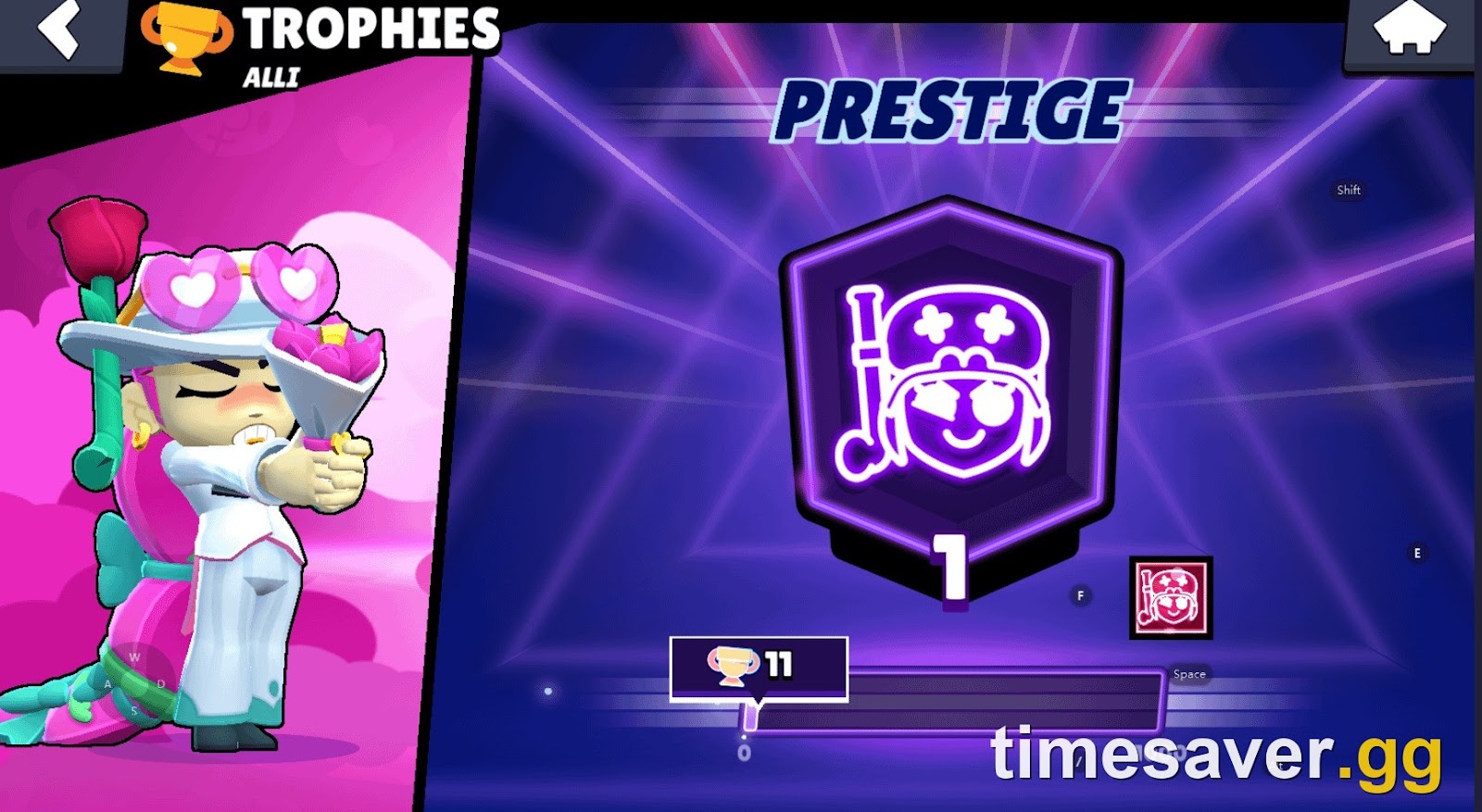 Brawl Stars Prestige screen for Alli showing the Prestige 1 neon badge and the 0 to 1000 Prestige Trophy progress bar