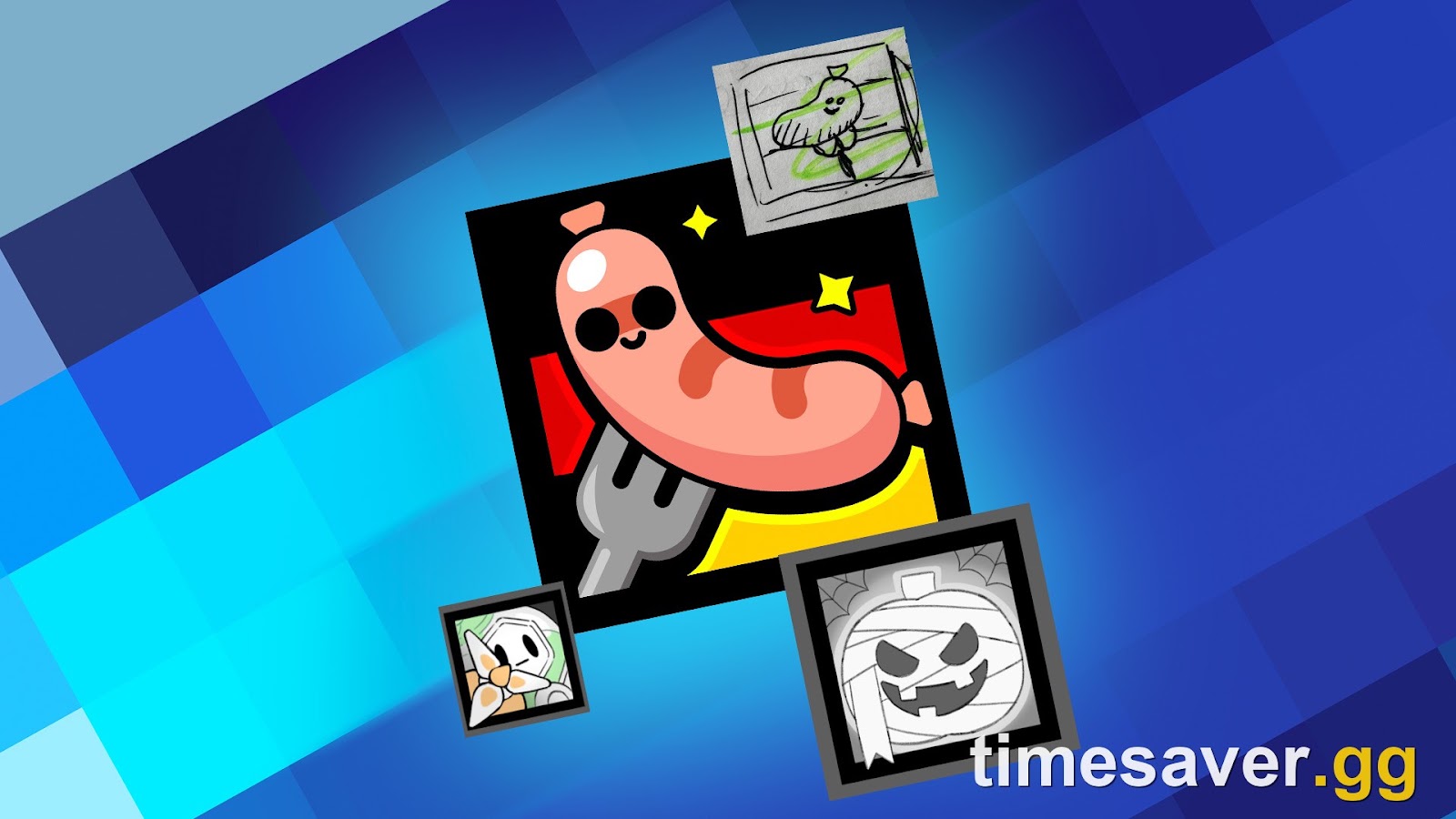 Official Supercell Make MAKE an Icon! campaign art for Brawl Stars showing a sausage-on-a-fork player icon with sketch icons around it