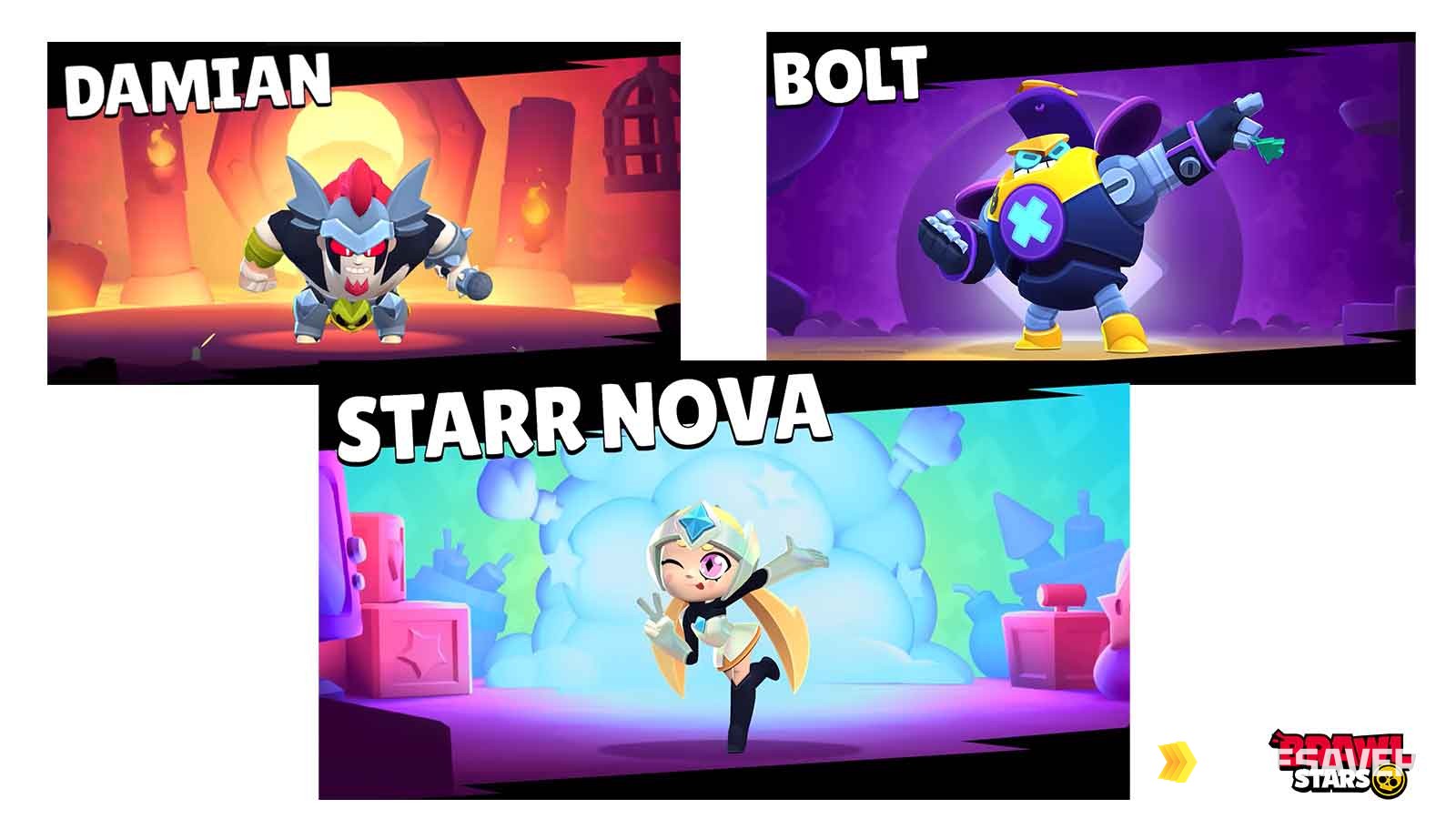Official Brawl Stars Season 51 artwork showing three meta-defining Brawlers — the armored S-tier bruiser Damian, the new 104th Brawler Bolt, and the freshly buffed Starr Nova