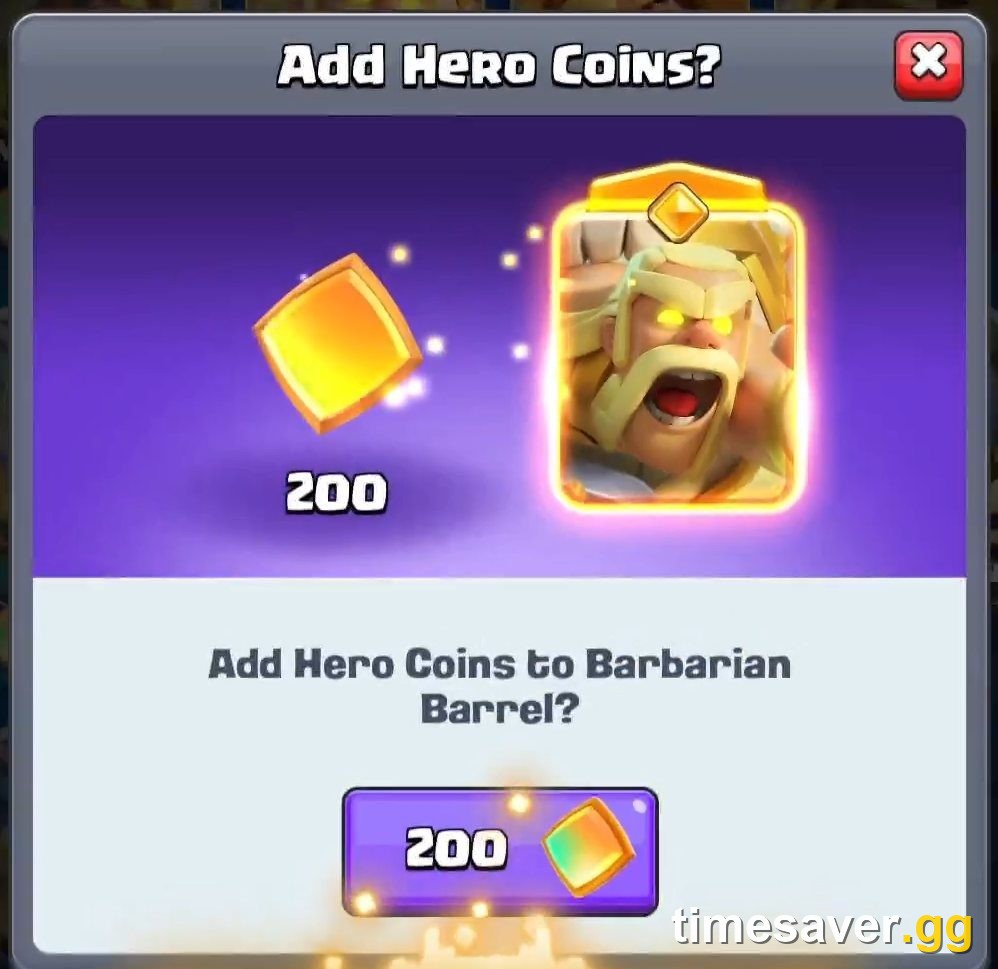 Clash Royale Add Hero Coins screen showing the 200 Hero Coin cost to unlock a Hero