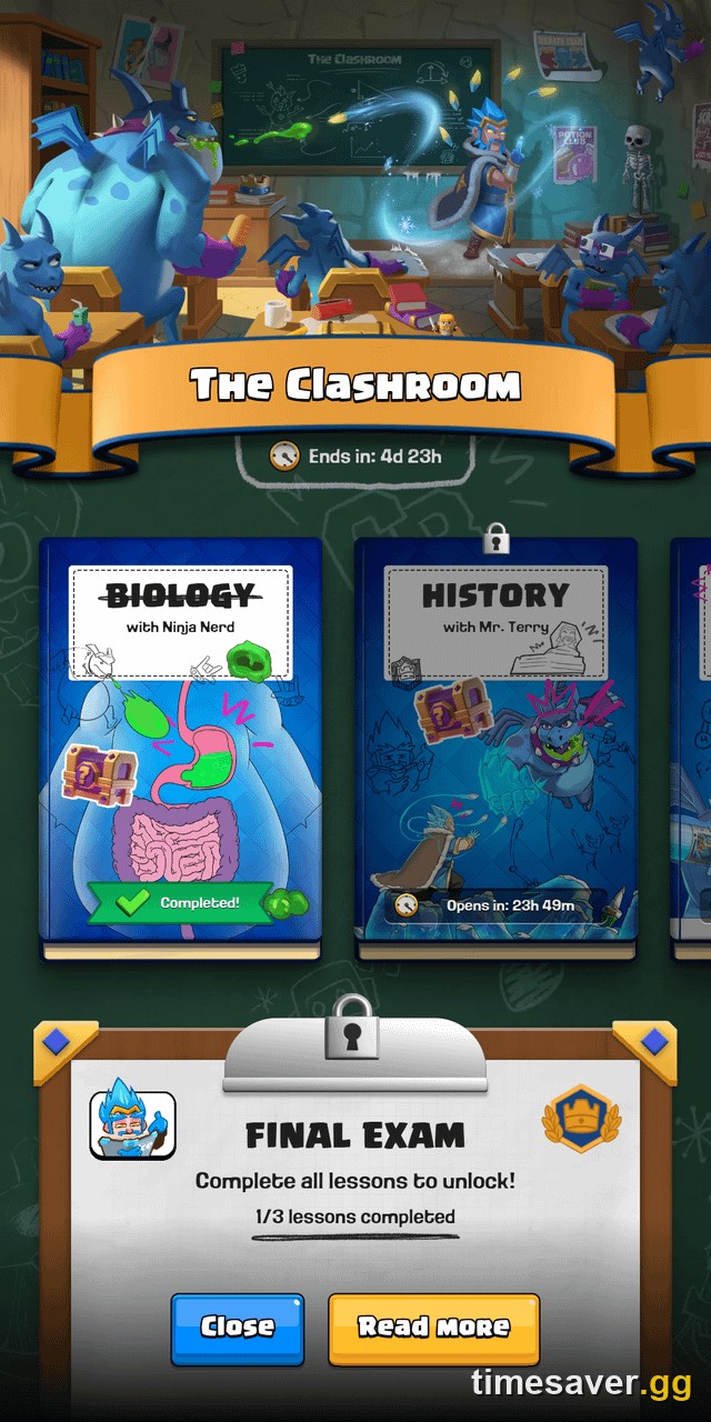 The Clashroom event menu in Clash Royale showing the Biology, History and Physics lessons and the locked Final Exam