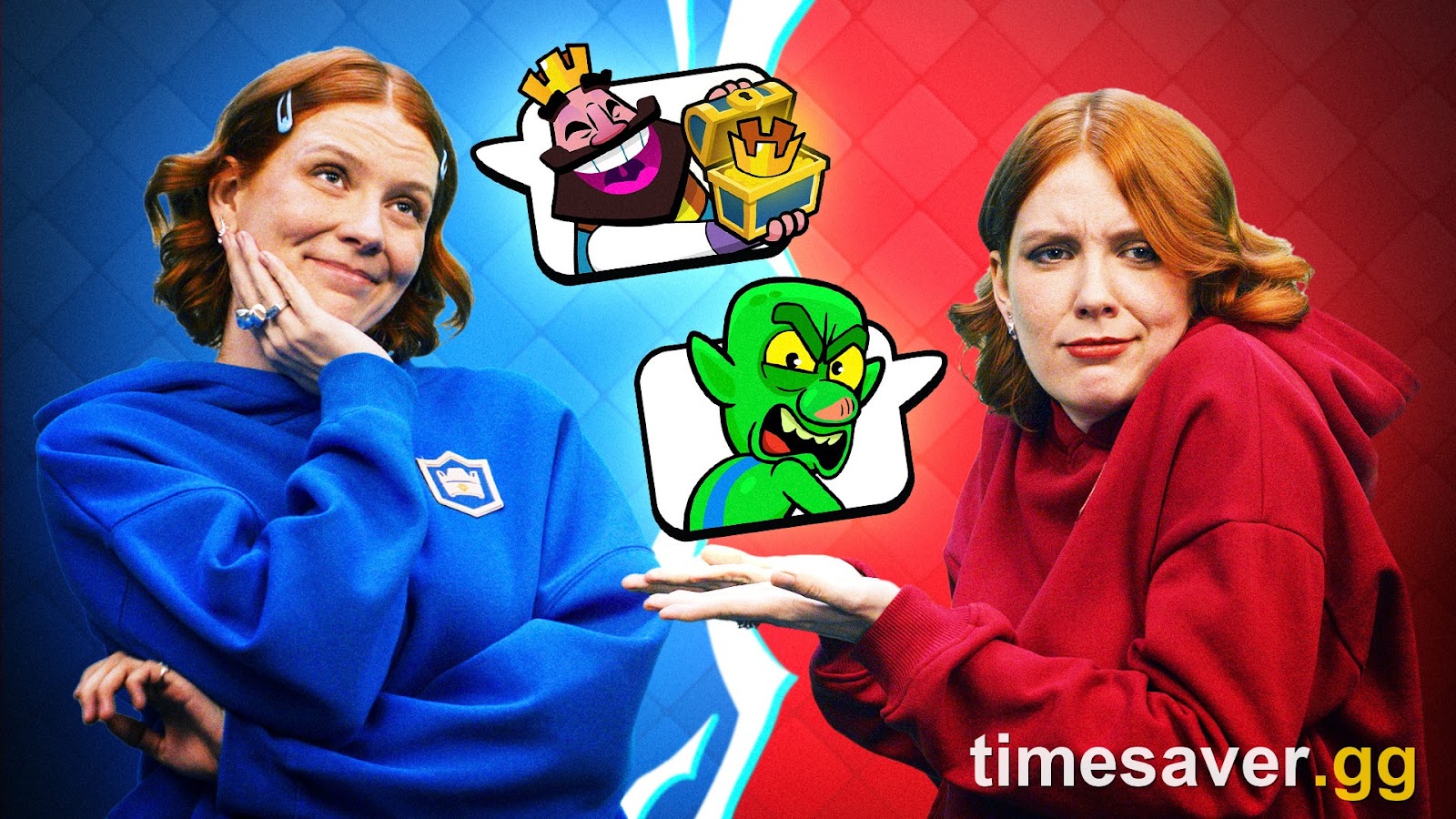 Clash Royale Keep the Lights On community event artwork with the King's Treasure and Goblin's Precious emotes on blue and red sides
