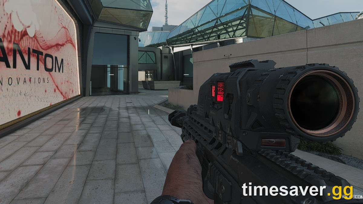 Black Ops 7 VS Recon sniper aimed down a long open lane, registering a long-range hitmarker — the sightline that banks long-shot kills