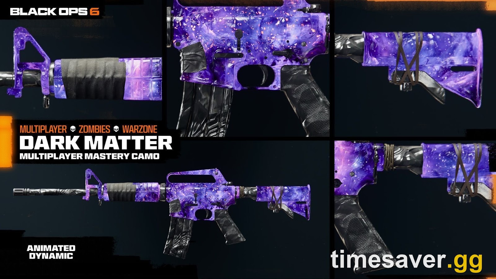 Black Ops 6 Dark Matter animated Multiplayer Mastery camo — the deep-purple cosmic nebula finish shown across an assault rifle